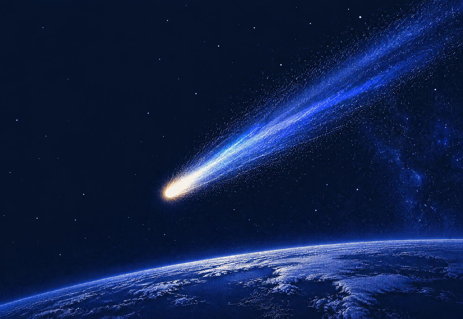 A dithered meteor streaking across the night sky above the curve of the earth